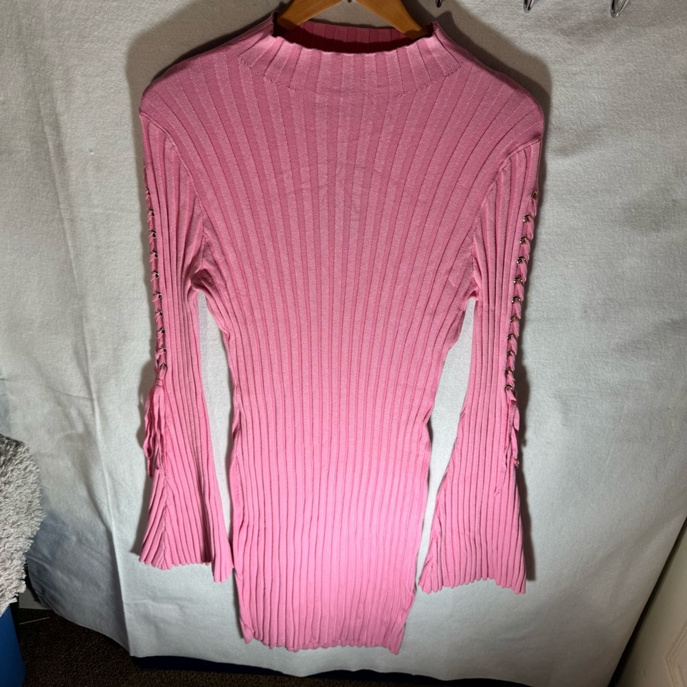 (NWT) Fashion Nova Pink Next To Me Knit Dress 2X Bell Sleeve Lace Up Dress